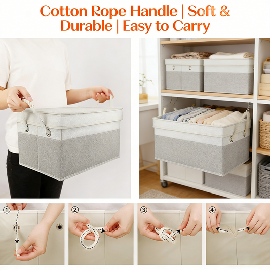 Foldable Fabric Storage Bin with Cotton Rope Handle - Multi-Purpose Organizer for Home