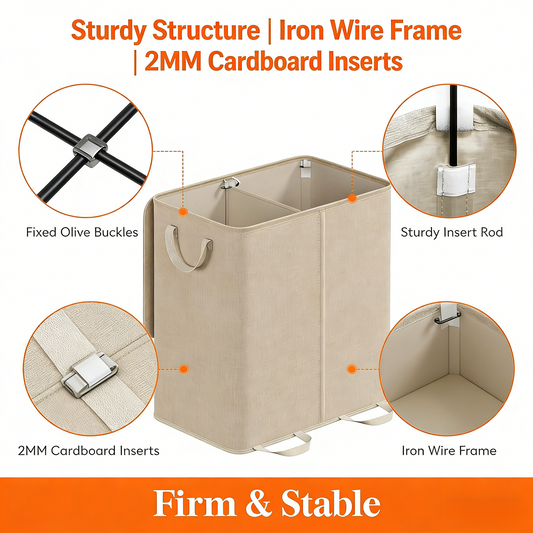 Double Laundry Hamper with Lid and Removable Laundry Bags, Large Collapsible 2 Dividers Dirty Clothes Basket with Handles for Bedroom