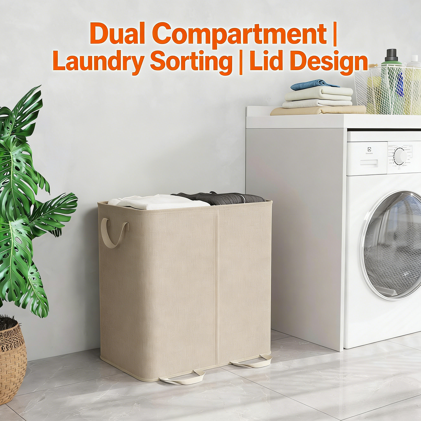 Double Laundry Hamper with Lid and Removable Laundry Bags, Large Collapsible 2 Dividers Dirty Clothes Basket with Handles for Bedroom