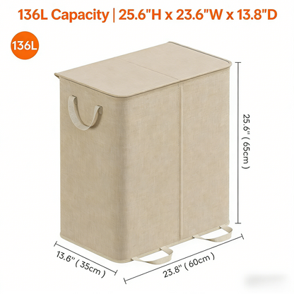 Double Laundry Hamper with Lid and Removable Laundry Bags, Large Collapsible 2 Dividers Dirty Clothes Basket with Handles for Bedroom