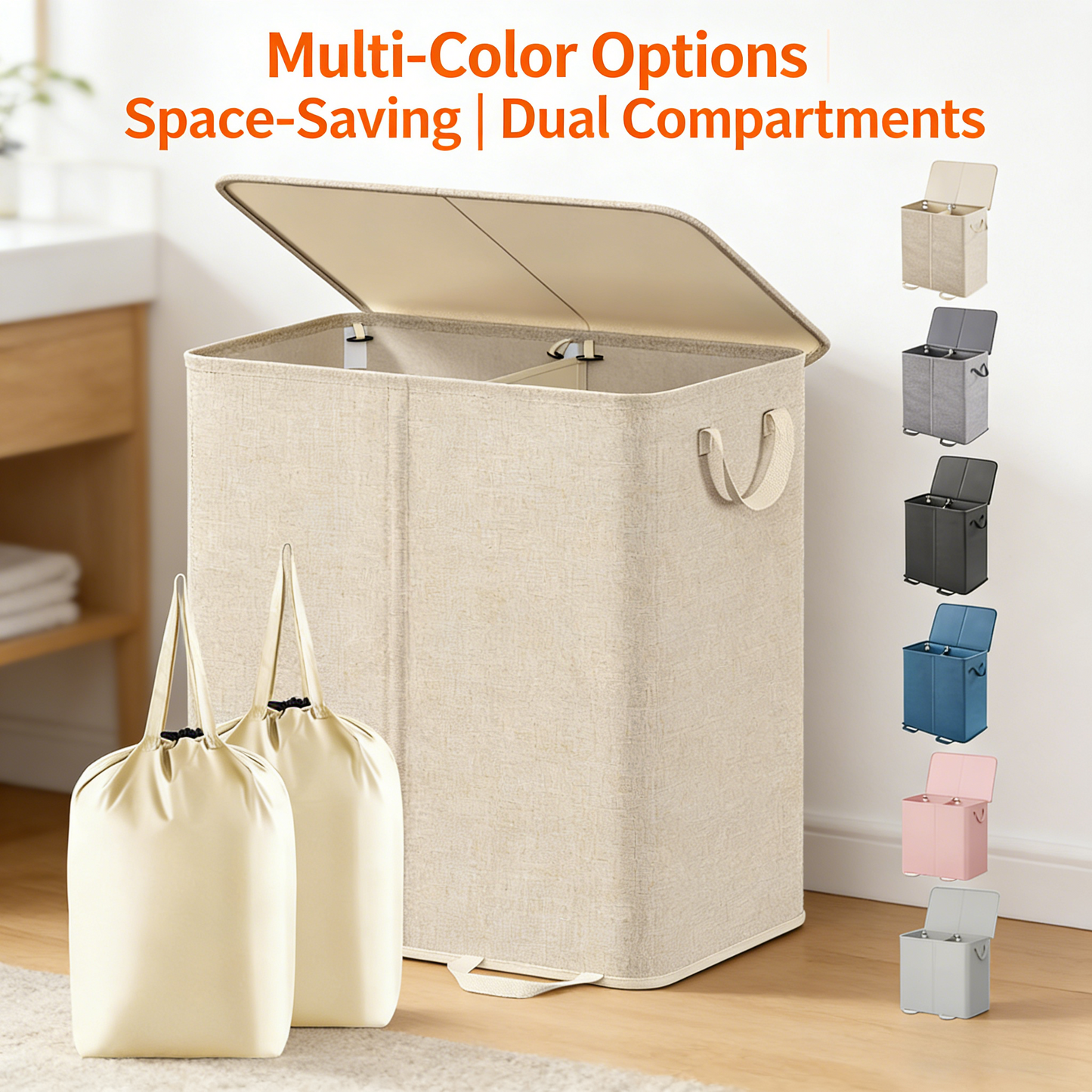 Double Laundry Hamper with Lid and Removable Laundry Bags, Large Collapsible 2 Dividers Dirty Clothes Basket with Handles for Bedroom